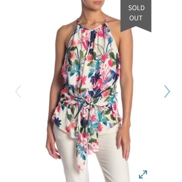 NEW PARKER  KEYHOLE FRONT TIE TOP FLORAL BLOUSE‎ - Picture 1 of 2